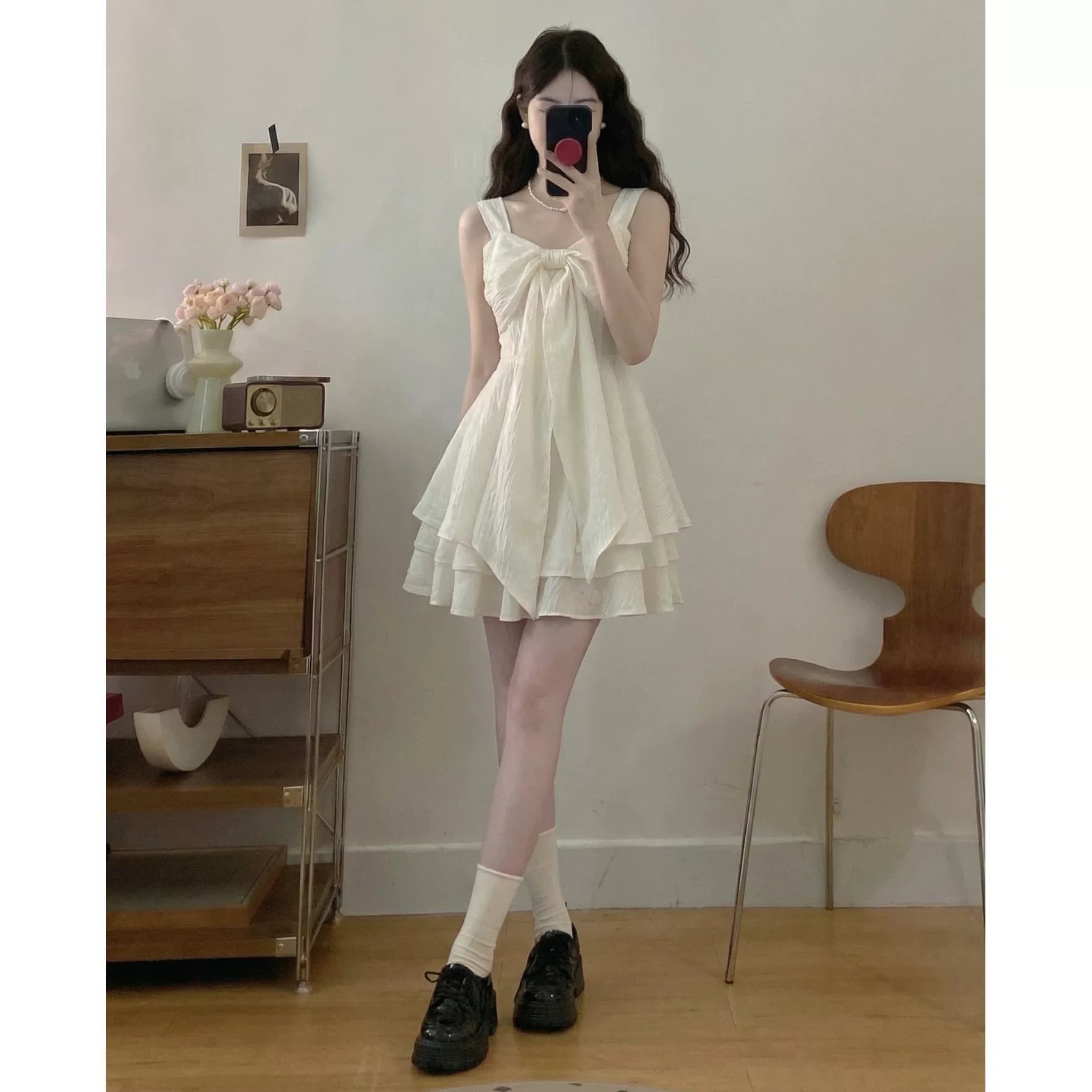 달콤함 휴가 바람 나비 매듭 슬립 여성 드레스 여름 새로운 허리 수축 미니 스커트 디자인 센스 작은 키 치마
