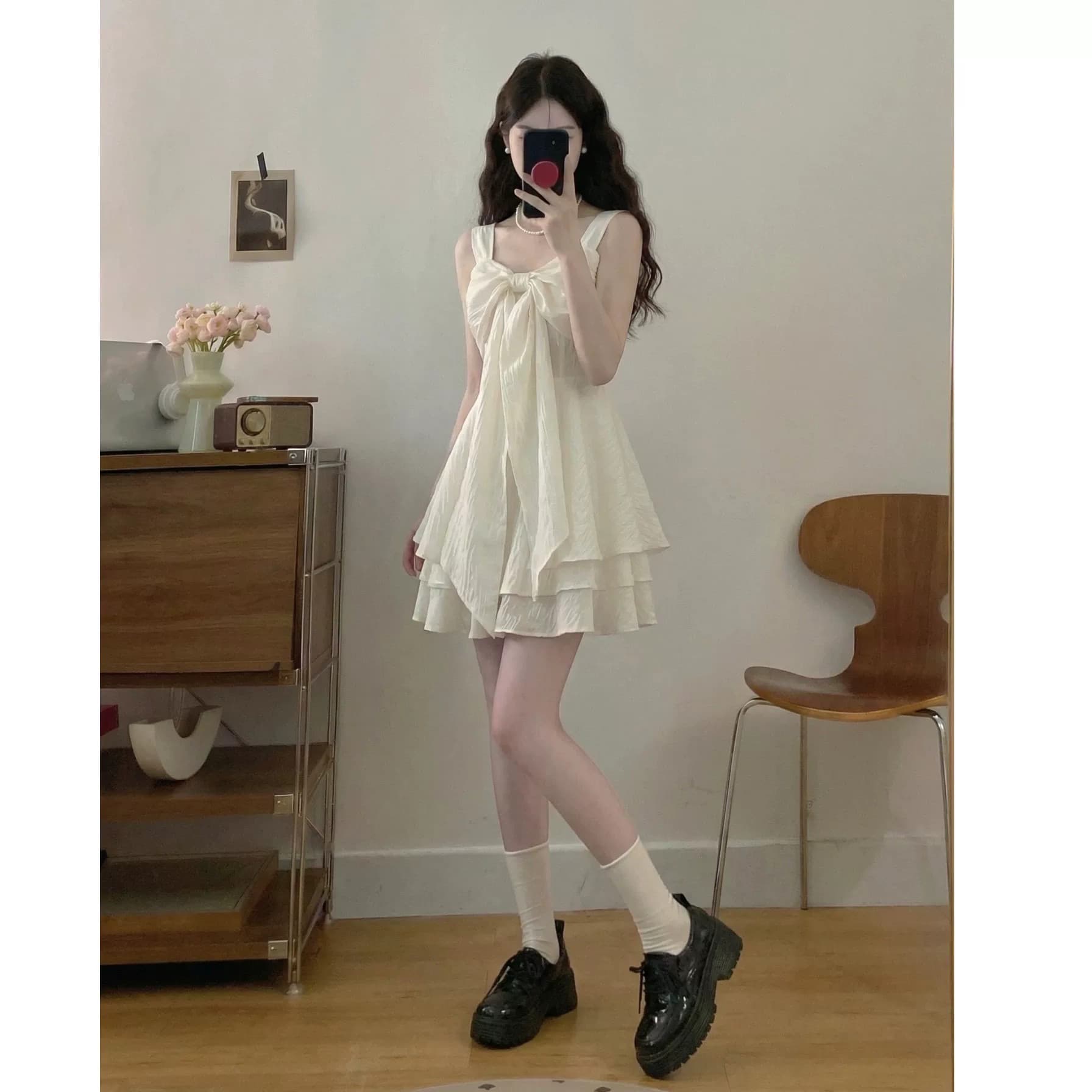 달콤함 휴가 바람 나비 매듭 슬립 여성 드레스 여름 새로운 허리 수축 미니 스커트 디자인 센스 작은 키 치마 이미지 3