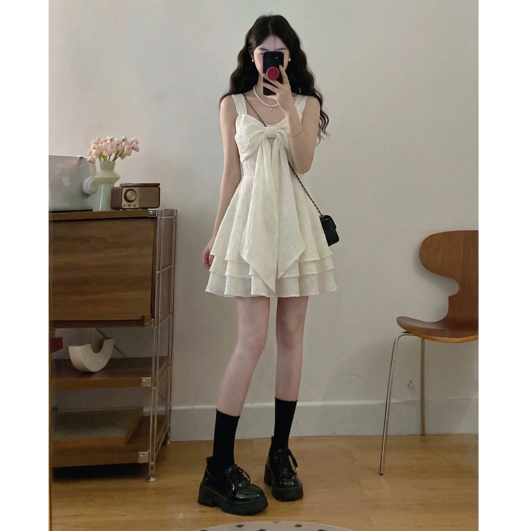 달콤함 휴가 바람 나비 매듭 슬립 여성 드레스 여름 새로운 허리 수축 미니 스커트 디자인 센스 작은 키 치마 상세 이미지 1