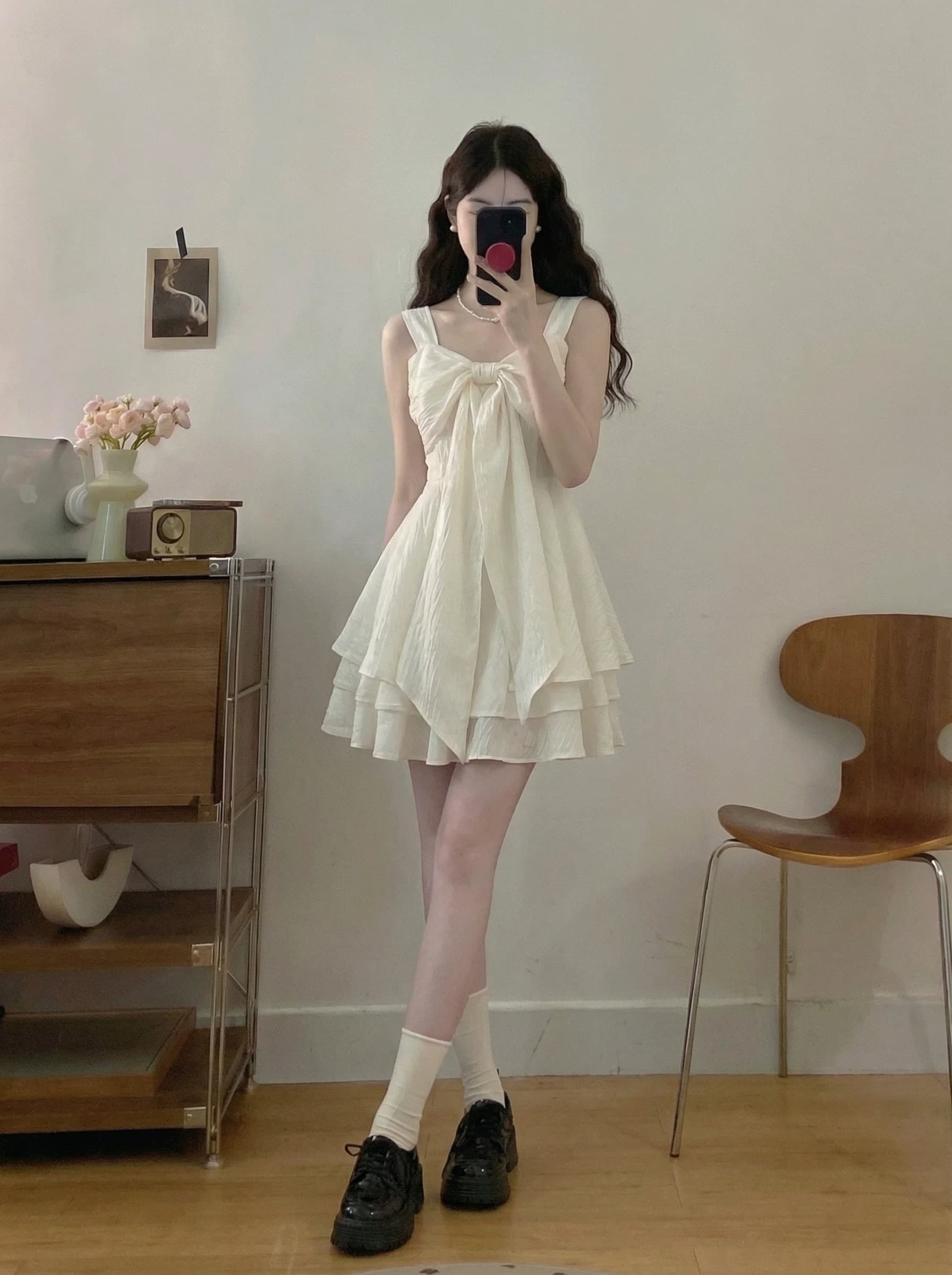 달콤함 휴가 바람 나비 매듭 슬립 여성 드레스 여름 새로운 허리 수축 미니 스커트 디자인 센스 작은 키 치마 상세 이미지 9