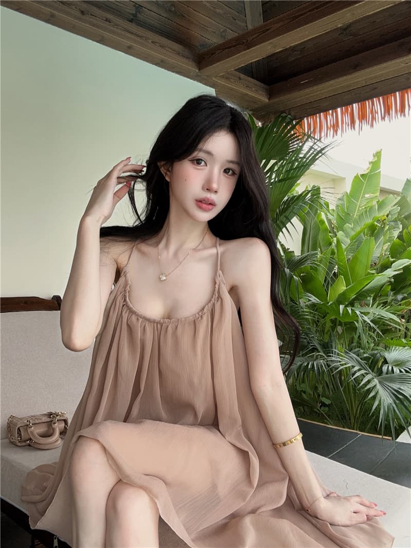 실사 정가 낭만주의 익명의 쉬폰 드레스 여름 쇼트 스타일 백리스 휴가 바람 행침 목 슬립 드레스 상세 이미지 11