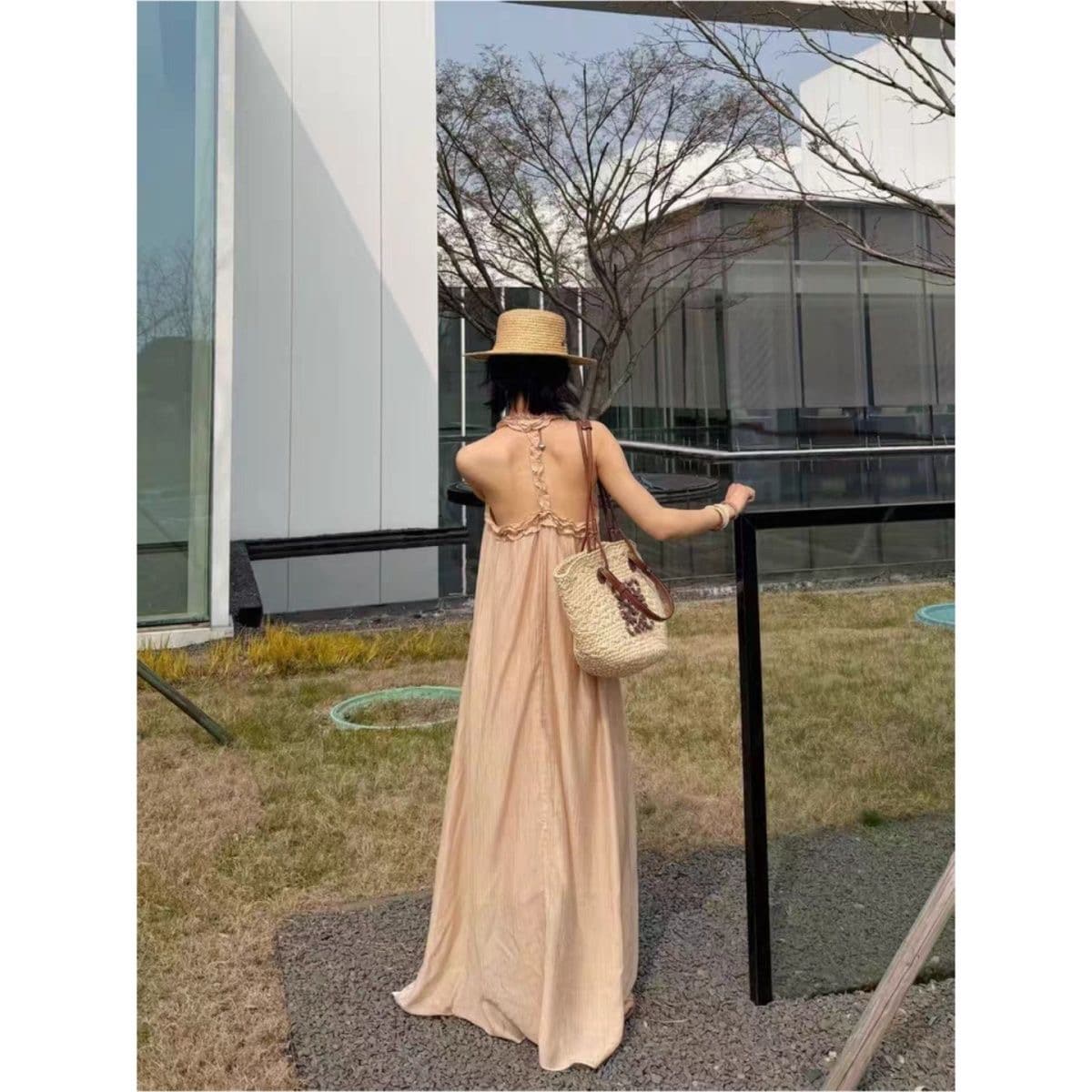 살구 색상 프릴 민소매 행침 목 여성 드레스 여름 루즈핏 슬림해 보이는 한 마디 치마 부드러운 휴가 바람 롱 스커트 상세 이미지 8