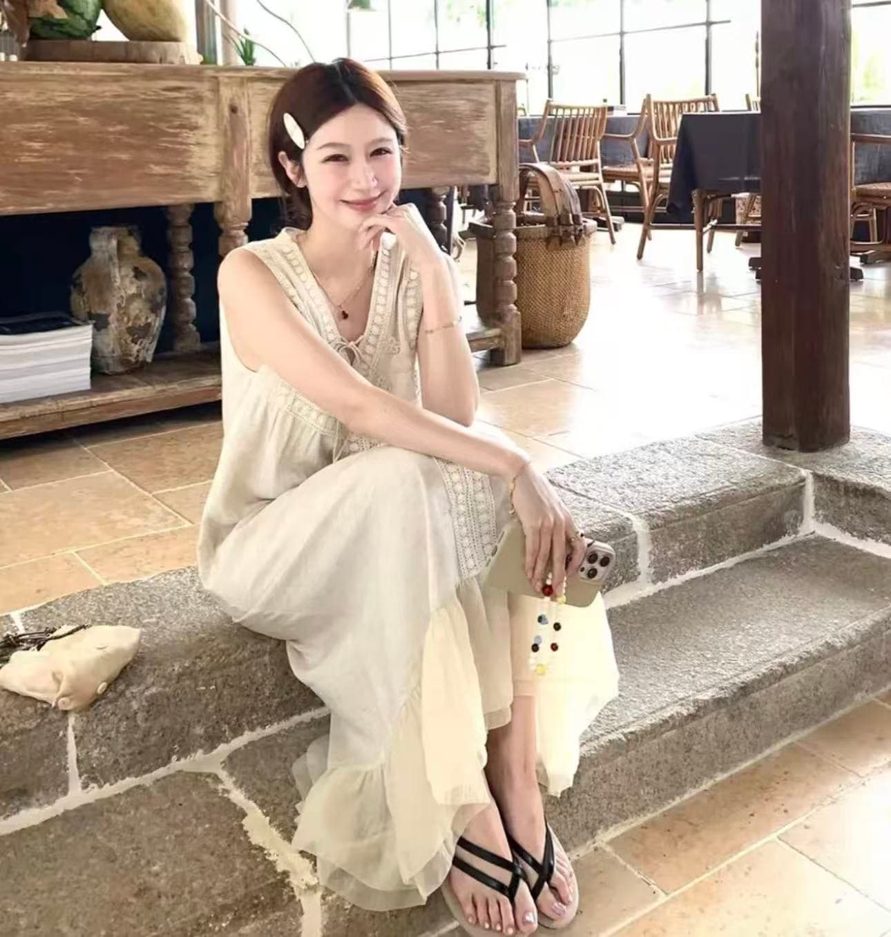 한 부서 부드러운 바람 민소매 자수 여성 드레스 여름 루즈핏 휴가 품격 짧은 치마 상세 이미지 1