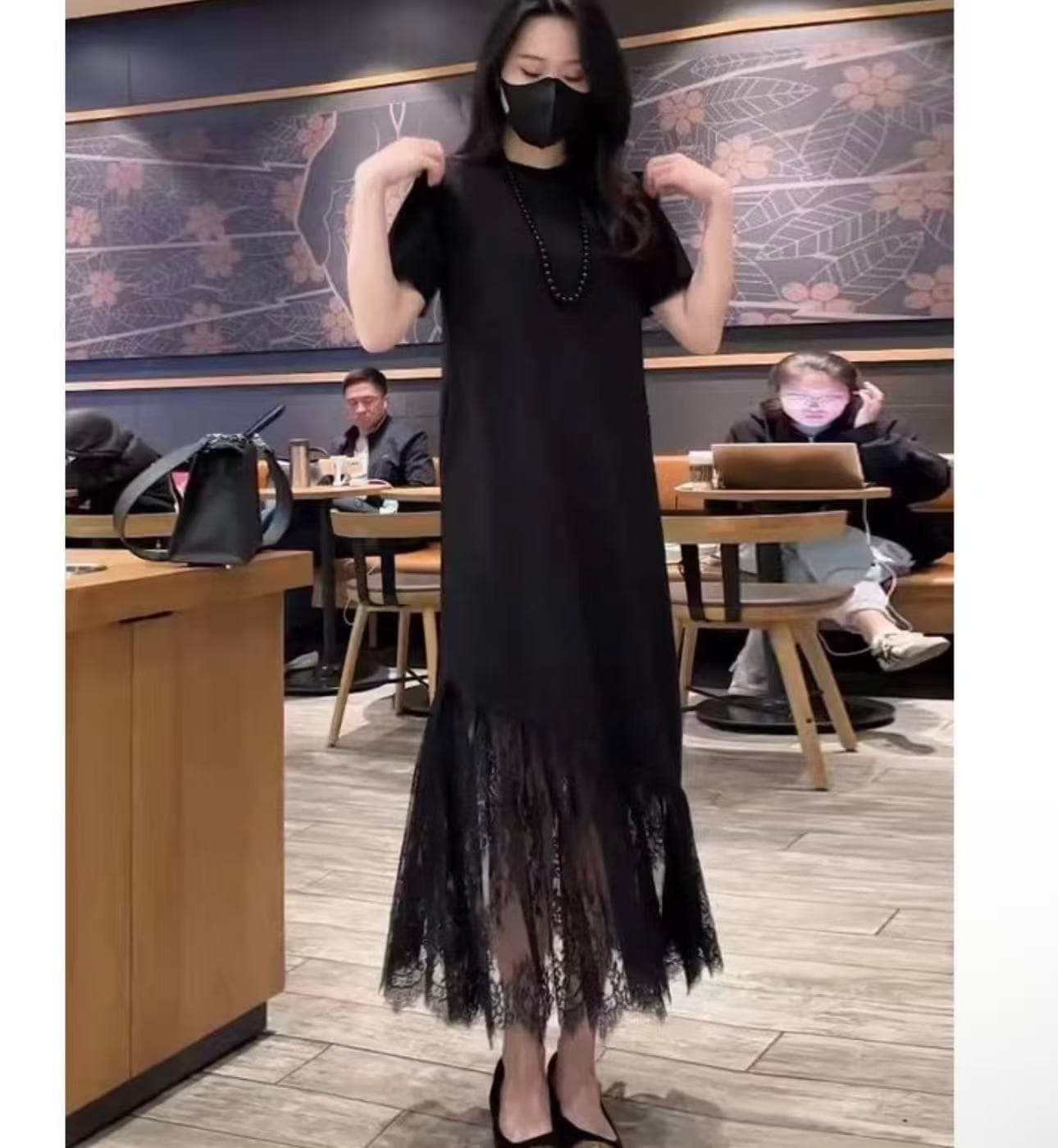 프랑스식 고급 센스 검정색 여성 드레스 여름 빅 사이즈 루즈핏 표지 배 슬림해 보이는 유럽 역 유럽 상품 중간 길이 치마 상세 이미지 1