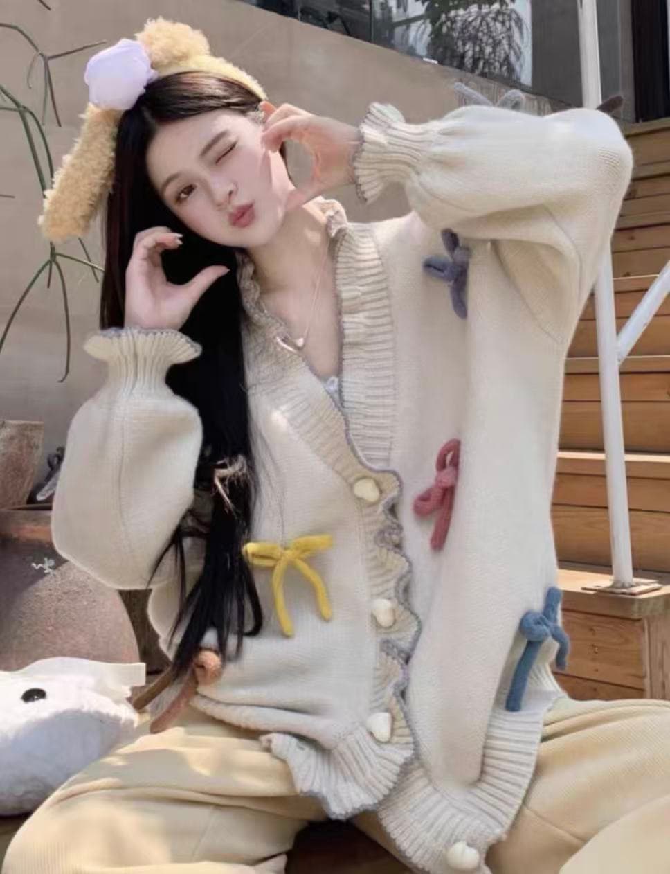 부드러운 달콤함 무거운 작업 3 차원 나비 매듭 하트 Jianou 프릴 두꺼운 스타일 스웨터 오픈 가디건