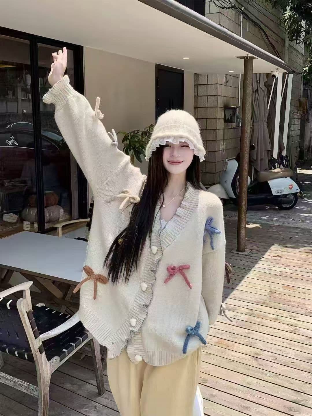 부드러운 달콤함 무거운 작업 3 차원 나비 매듭 하트 Jianou 프릴 두꺼운 스타일 스웨터 오픈 가디건 이미지 3