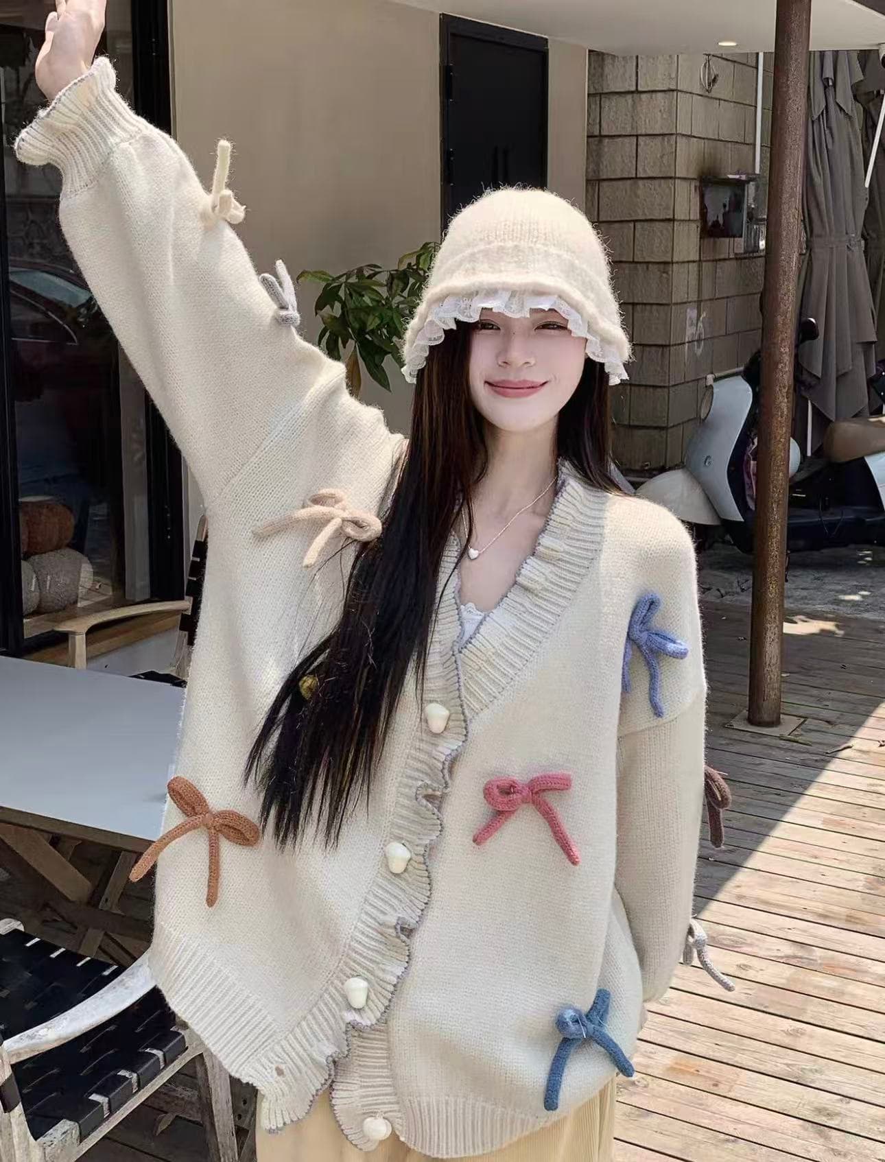 부드러운 달콤함 무거운 작업 3 차원 나비 매듭 하트 Jianou 프릴 두꺼운 스타일 스웨터 오픈 가디건 상세 이미지 2