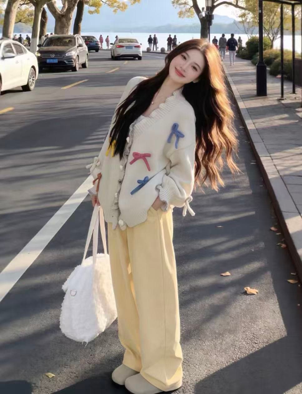 부드러운 달콤함 무거운 작업 3 차원 나비 매듭 하트 Jianou 프릴 두꺼운 스타일 스웨터 오픈 가디건 상세 이미지 4