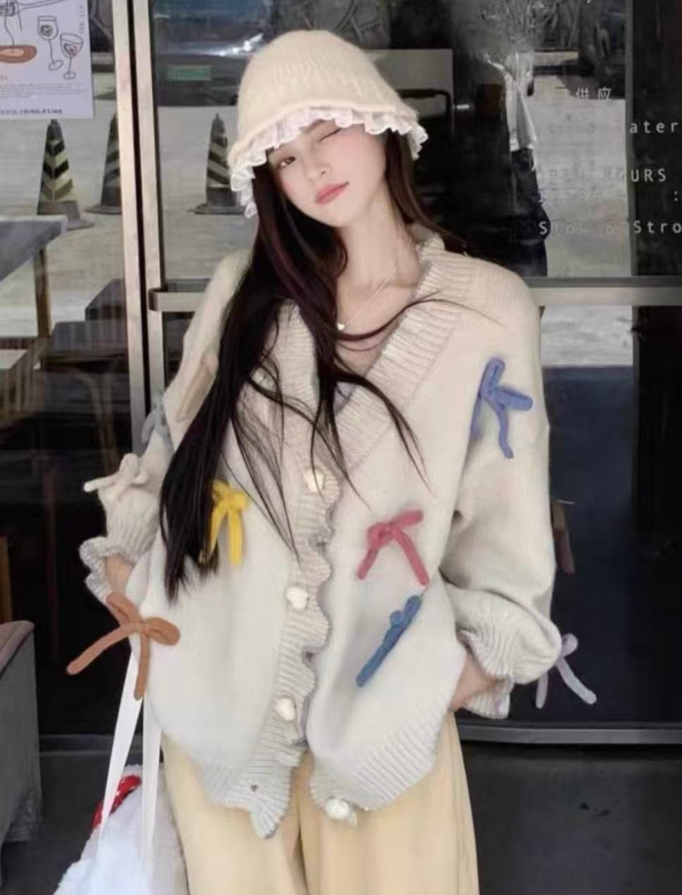 부드러운 달콤함 무거운 작업 3 차원 나비 매듭 하트 Jianou 프릴 두꺼운 스타일 스웨터 오픈 가디건 상세 이미지 5