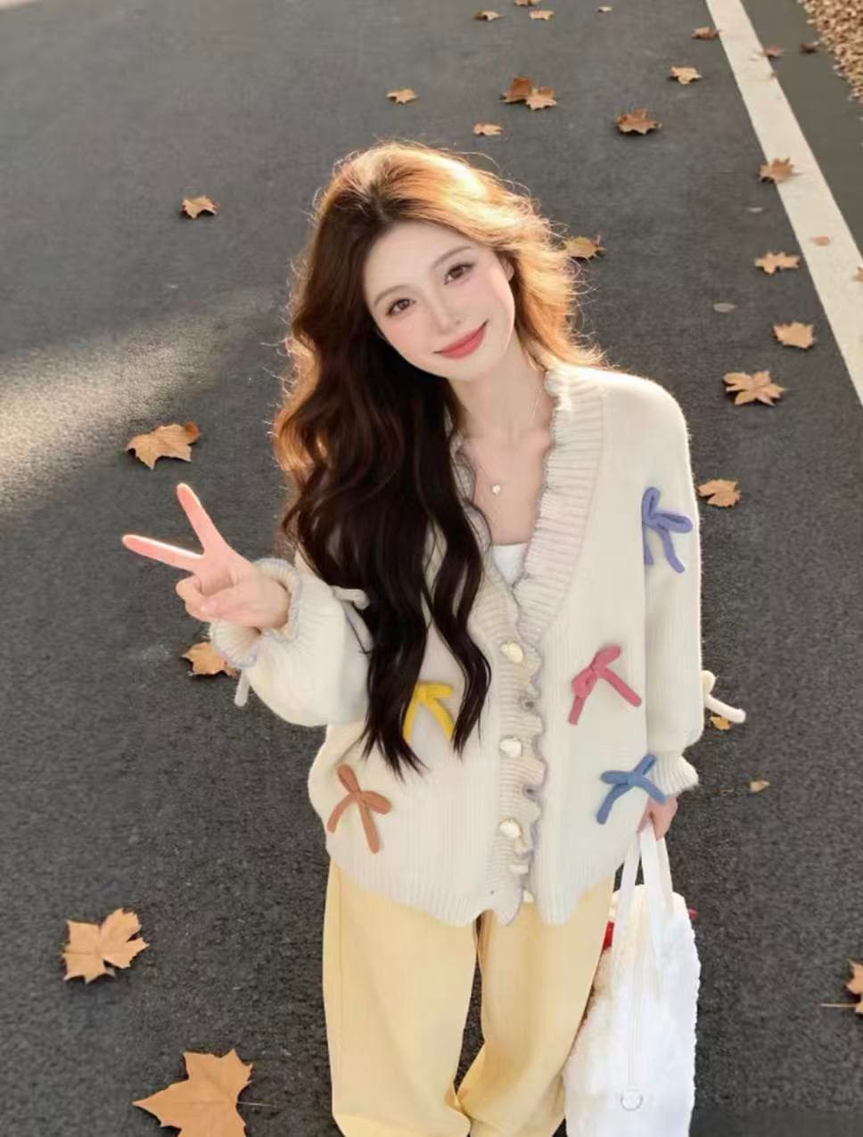 부드러운 달콤함 무거운 작업 3 차원 나비 매듭 하트 Jianou 프릴 두꺼운 스타일 스웨터 오픈 가디건 상세 이미지 6