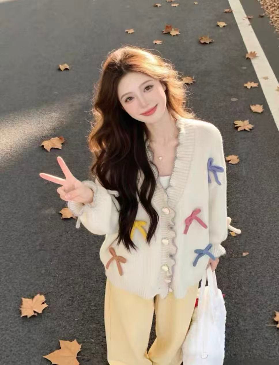 부드러운 달콤함 무거운 작업 3 차원 나비 매듭 하트 Jianou 프릴 두꺼운 스타일 스웨터 오픈 가디건 상세 이미지 9