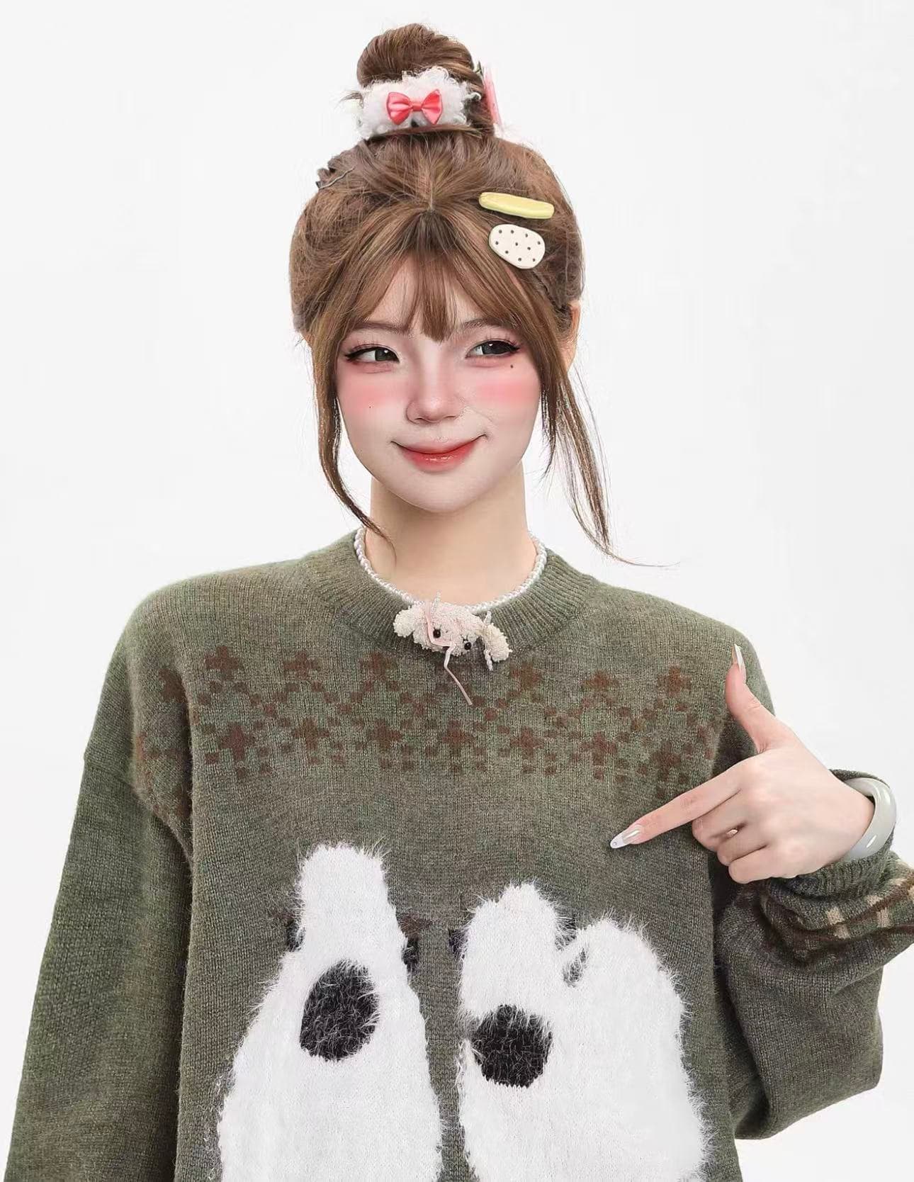 아메리칸 달콤함 만화 플리스 라운드 넥 스웨터 가을 겨울 느긋한 바람 루즈핏 캐주얼 부드러운 찹쌀 슈퍼 잘 생긴 니트 스웨터 이미지 2