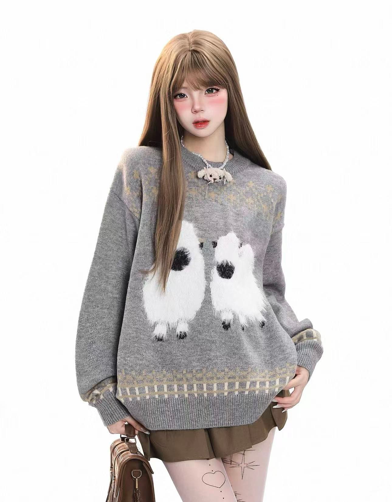아메리칸 달콤함 만화 플리스 라운드 넥 스웨터 가을 겨울 느긋한 바람 루즈핏 캐주얼 부드러운 찹쌀 슈퍼 잘 생긴 니트 스웨터 상세 이미지 1