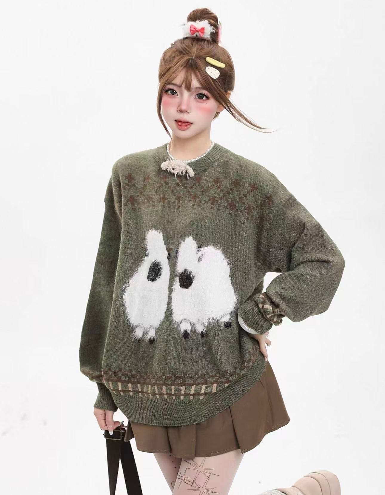 아메리칸 달콤함 만화 플리스 라운드 넥 스웨터 가을 겨울 느긋한 바람 루즈핏 캐주얼 부드러운 찹쌀 슈퍼 잘 생긴 니트 스웨터 상세 이미지 2