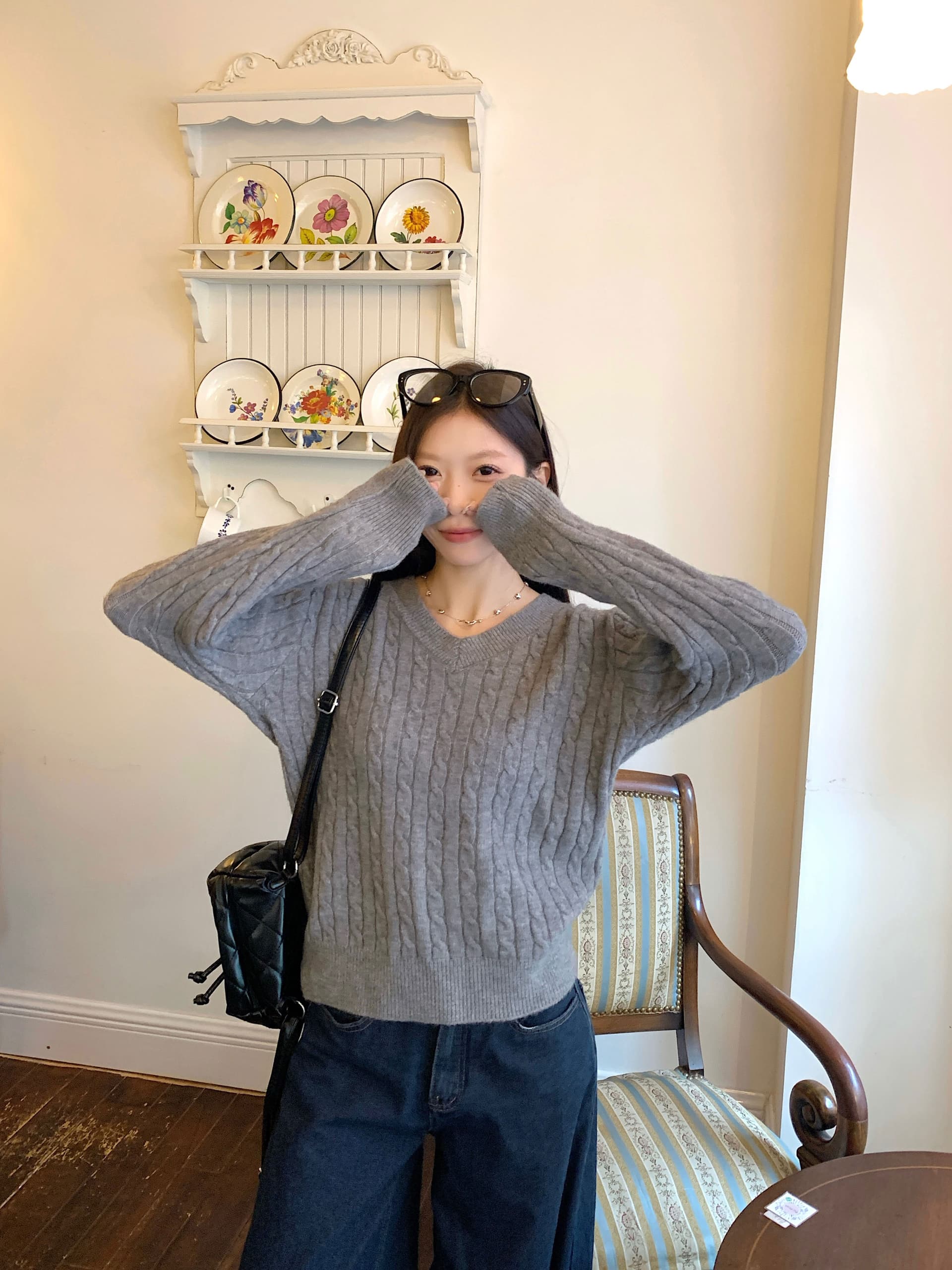 miu 부서 V넥 꽈배기 니트 품격 맨위 여성 겨울 느긋한 바람 루즈핏 두꺼운 니트 스웨터 학원 스타일 스웨터 상세 이미지 26