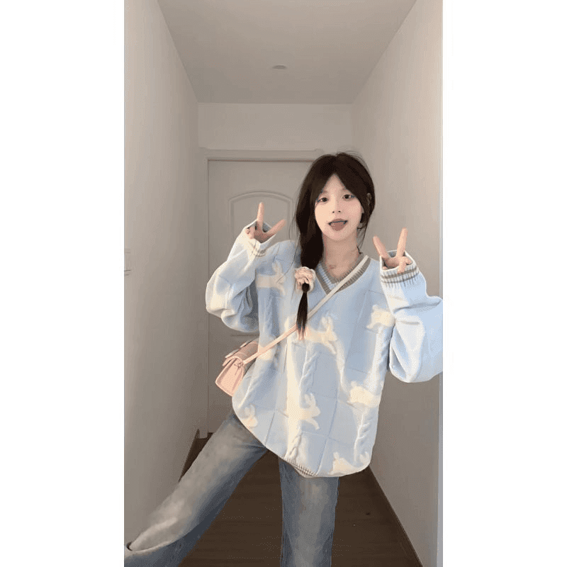 학원 스타일 토끼 자카드 꽈배기 V넥 패치워크 스웨터 여자 가을과 겨울 루즈핏 슬림해 보이는 니트 스웨터 재킷 맨위 이미지 2
