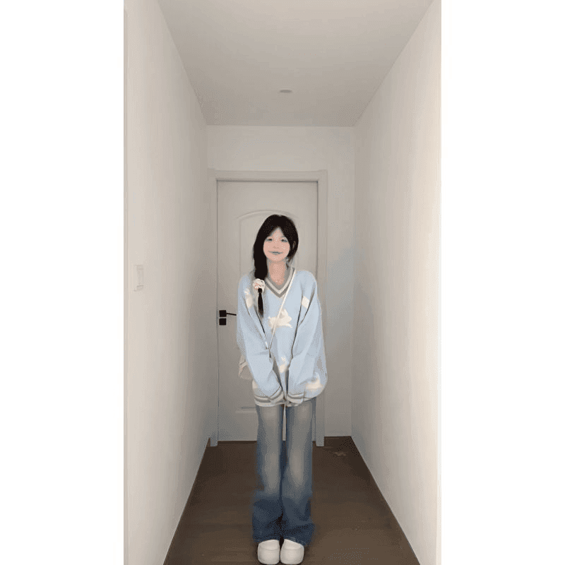 학원 스타일 토끼 자카드 꽈배기 V넥 패치워크 스웨터 여자 가을과 겨울 루즈핏 슬림해 보이는 니트 스웨터 재킷 맨위 이미지 4