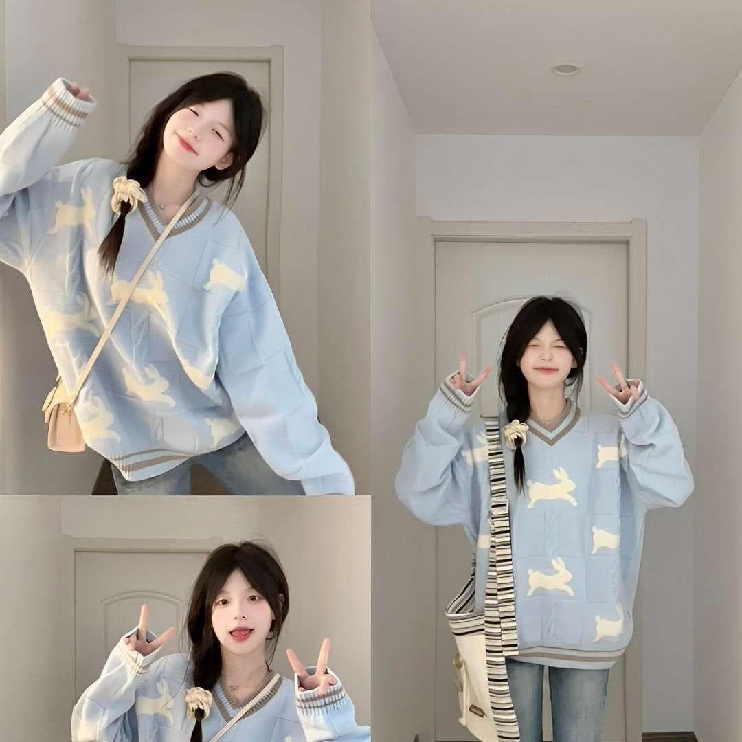 학원 스타일 토끼 자카드 꽈배기 V넥 패치워크 스웨터 여자 가을과 겨울 루즈핏 슬림해 보이는 니트 스웨터 재킷 맨위 상세 이미지 4