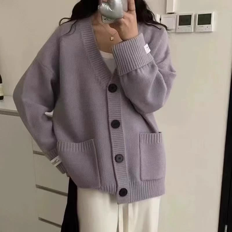 가을 겨울 새로운 여성 한국 스타일 루즈핏 고급 V넥 니트 재킷 볼륨 측면 소매 막대기 표준 부드러운 찹쌀 느긋한 스웨터 오픈 가디건 상세 이미지 18