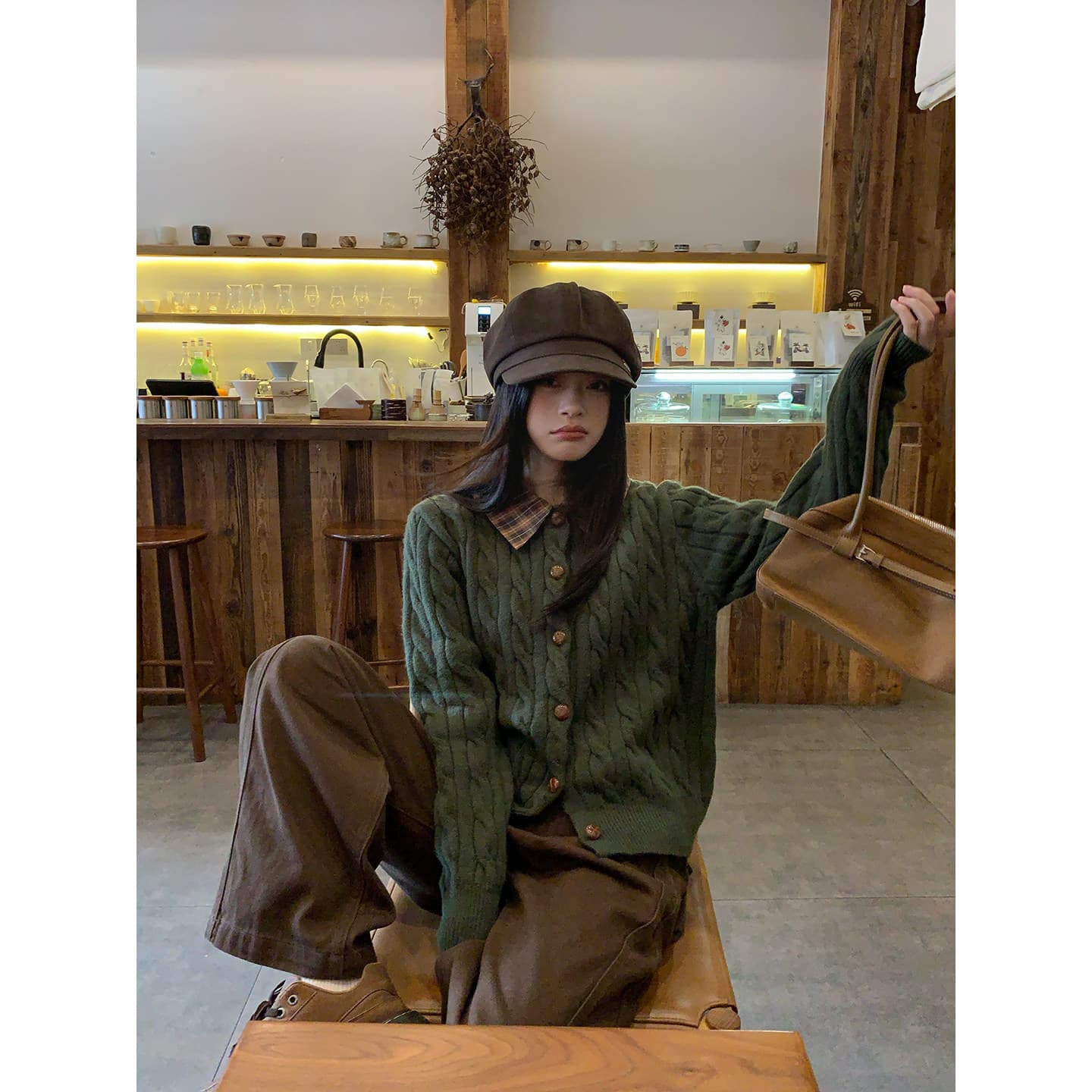 송 긍정적 인 En 올리브 그린 싸움 체크무늬 니트 스웨터 오픈 가디건 여성 가을 새로운 자이언트 잘 생긴 폴로 칼라 재킷 작은 맨위 이미지 2