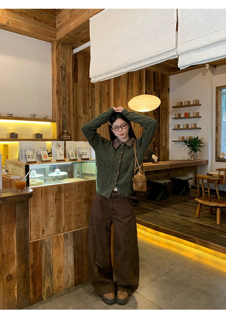 송 긍정적 인 En 올리브 그린 싸움 체크무늬 니트 스웨터 오픈 가디건 여성 가을 새로운 자이언트 잘 생긴 폴로 칼라 재킷 작은 맨위 상세 이미지 18