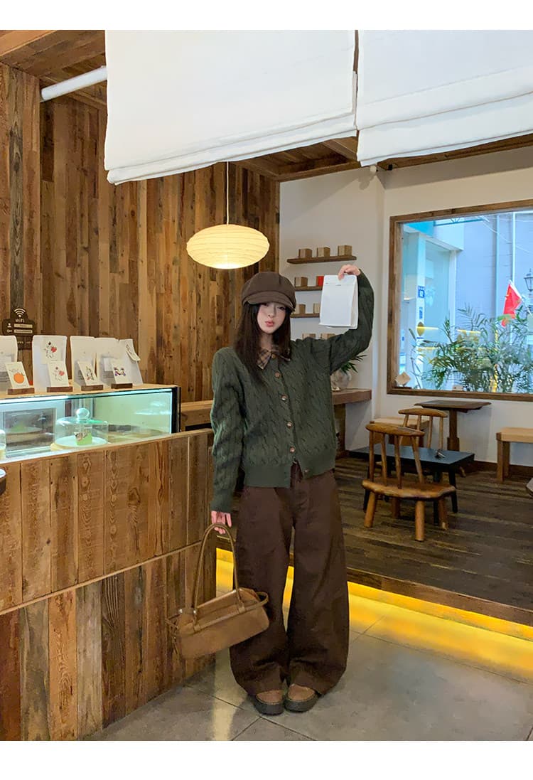 송 긍정적 인 En 올리브 그린 싸움 체크무늬 니트 스웨터 오픈 가디건 여성 가을 새로운 자이언트 잘 생긴 폴로 칼라 재킷 작은 맨위 상세 이미지 19