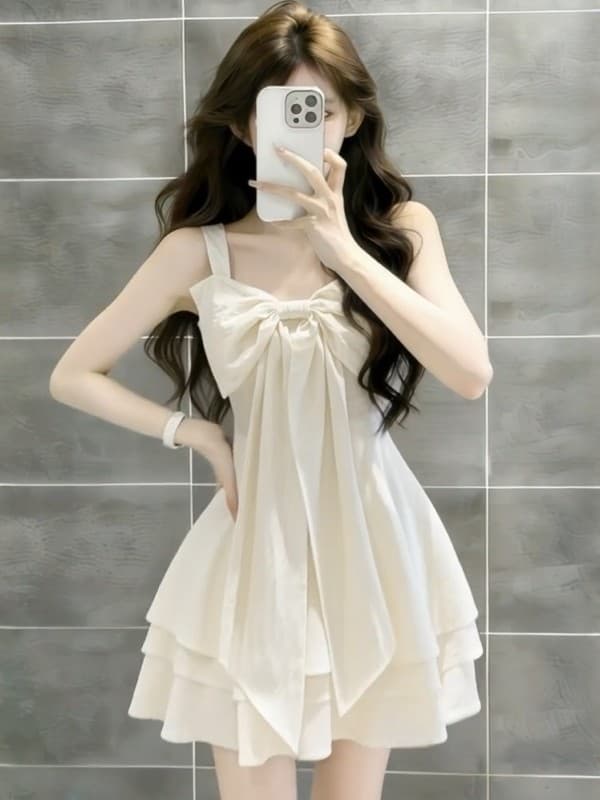 달콤함 휴가 바람 나비 매듭 슬립 여성 드레스 여름 새로운 허리 수축 미니 스커트 디자인 센스 작은 키 치마 이미지 2
