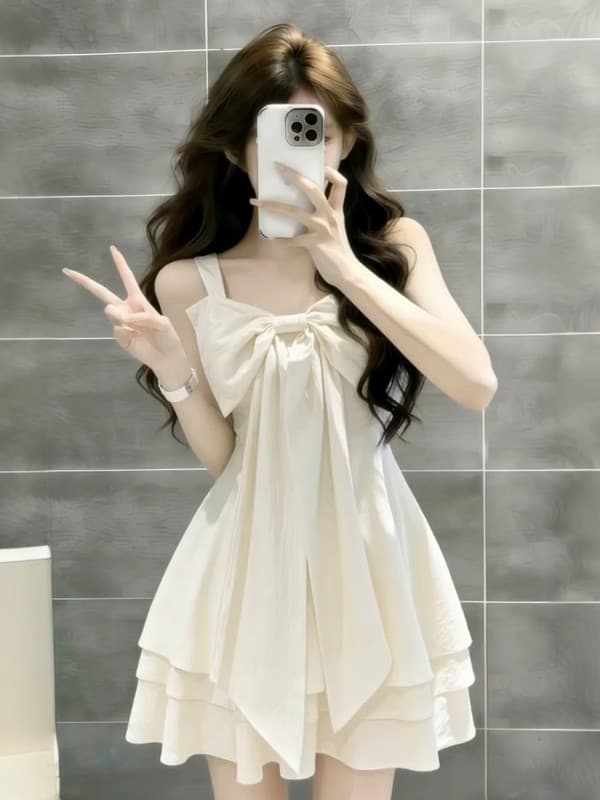 달콤함 휴가 바람 나비 매듭 슬립 여성 드레스 여름 새로운 허리 수축 미니 스커트 디자인 센스 작은 키 치마 이미지 3