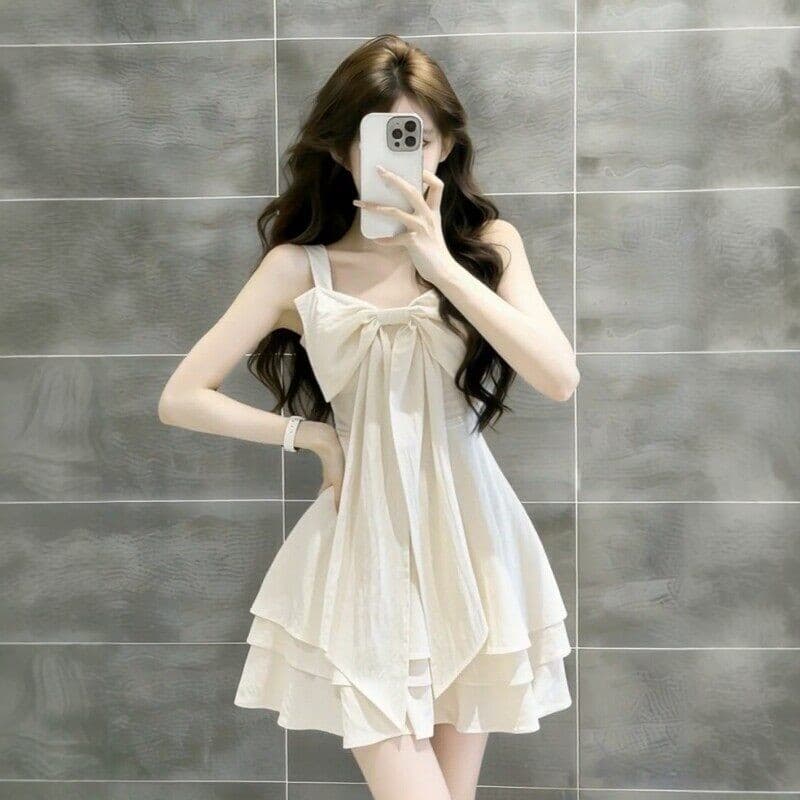 달콤함 휴가 바람 나비 매듭 슬립 여성 드레스 여름 새로운 허리 수축 미니 스커트 디자인 센스 작은 키 치마 상세 이미지 1