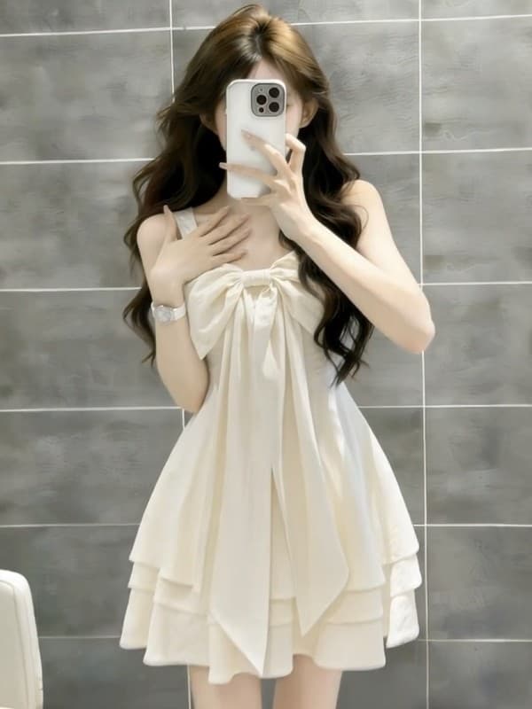 달콤함 휴가 바람 나비 매듭 슬립 여성 드레스 여름 새로운 허리 수축 미니 스커트 디자인 센스 작은 키 치마 상세 이미지 3