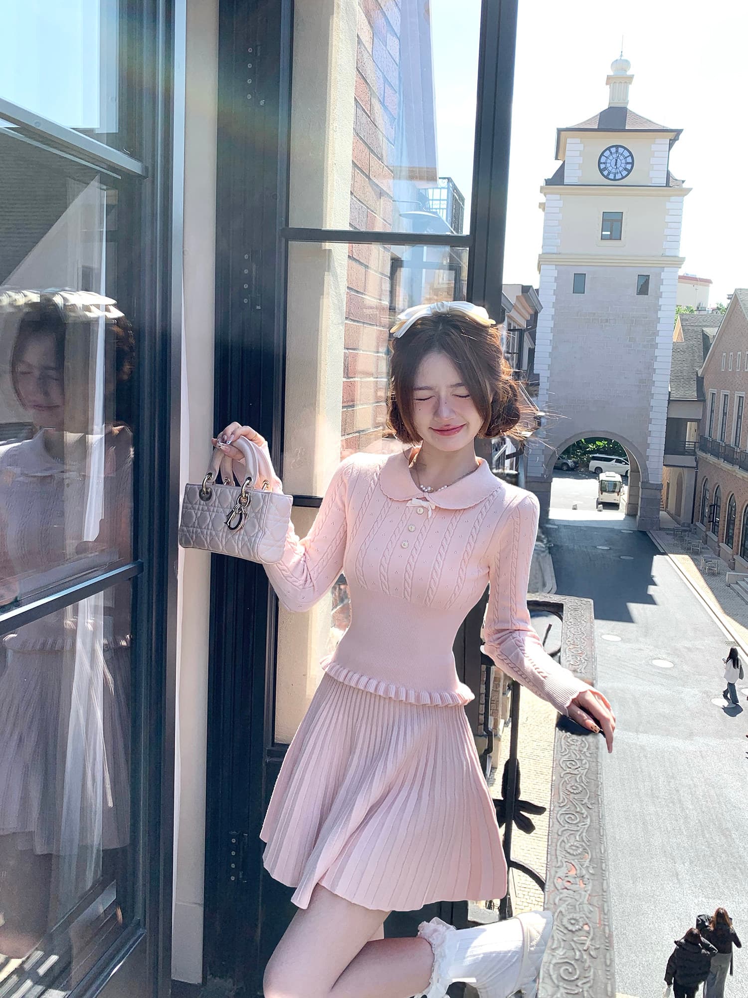 천 골드 센스 핑크색 긴팔 맨위 니트 스웨터 슈퍼 잘 생긴 가을 겨울 치마 세트 상세 이미지 3