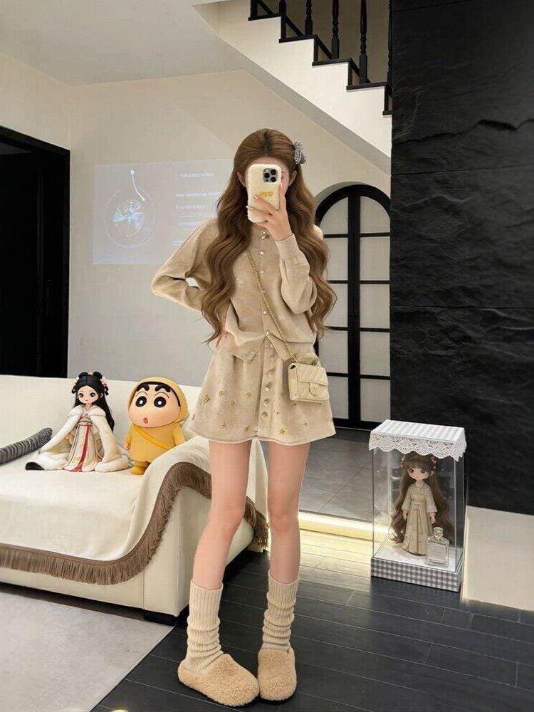 가을 겨울 코디 전체 집합 빅 사이즈 지방 mm 니트 스웨터 오픈 가디건 반신 짧은 치마 작은 샤넬 스타일 세련된 세트 여성 이미지 3