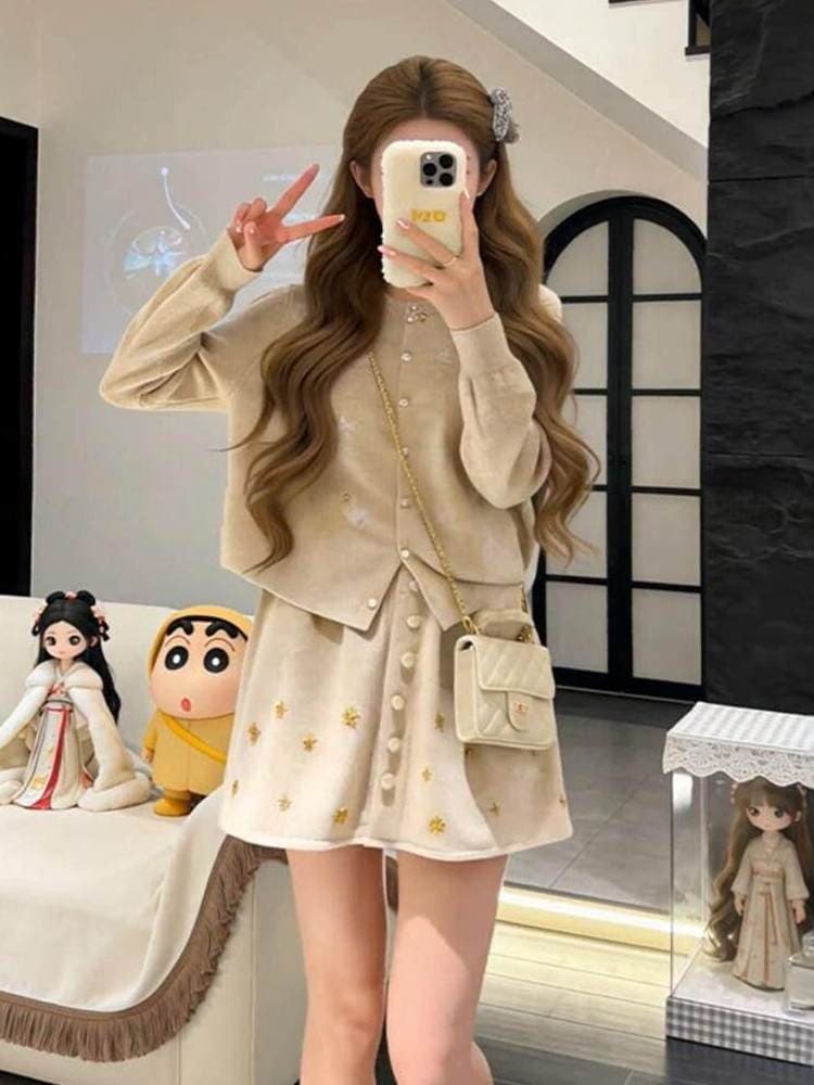 가을 겨울 코디 전체 집합 빅 사이즈 지방 mm 니트 스웨터 오픈 가디건 반신 짧은 치마 작은 샤넬 스타일 세련된 세트 여성 이미지 4