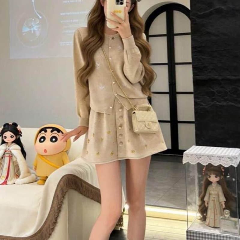가을 겨울 코디 전체 집합 빅 사이즈 지방 mm 니트 스웨터 오픈 가디건 반신 짧은 치마 작은 샤넬 스타일 세련된 세트 여성 이미지 5