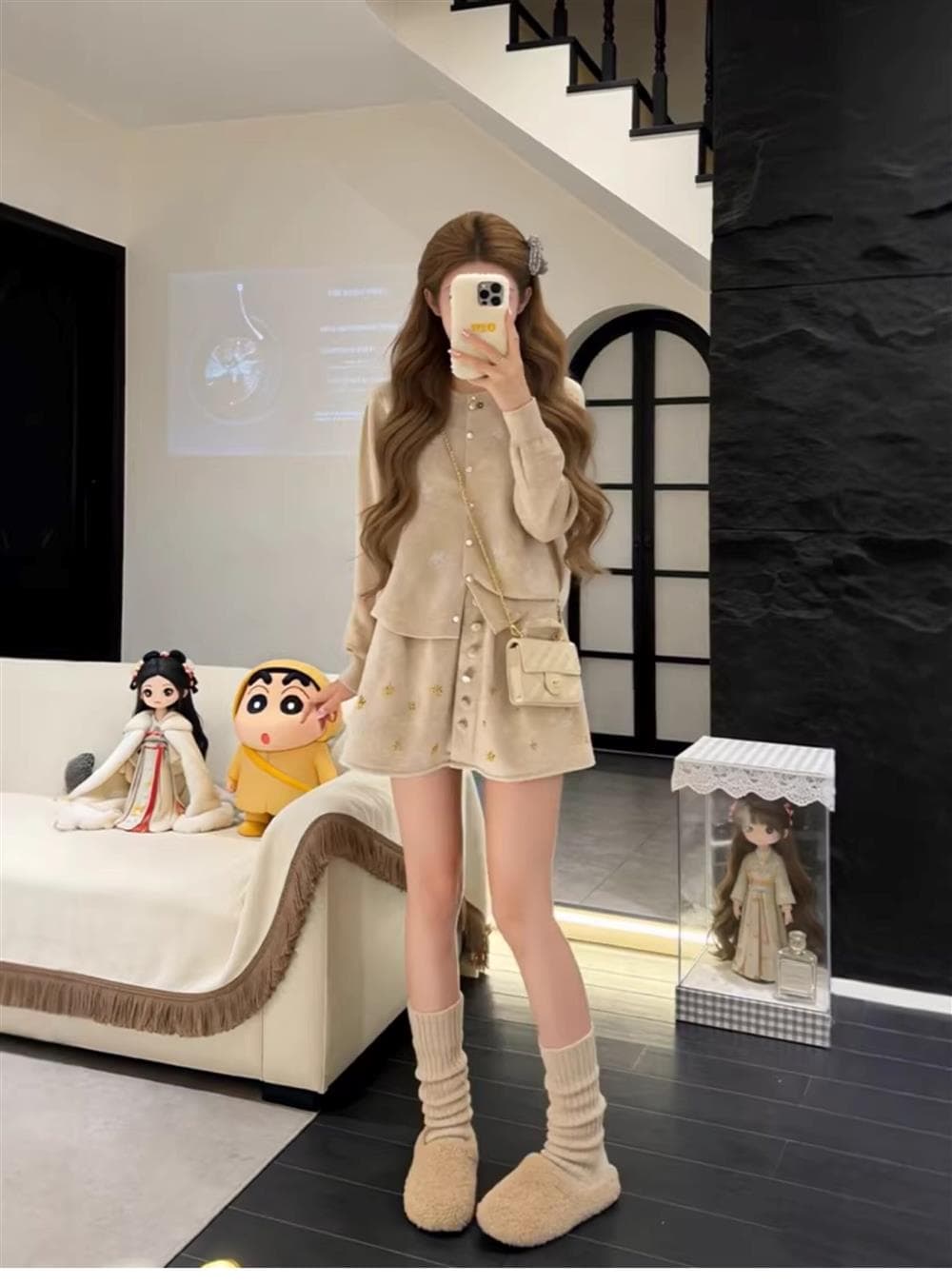 가을 겨울 코디 전체 집합 빅 사이즈 지방 mm 니트 스웨터 오픈 가디건 반신 짧은 치마 작은 샤넬 스타일 세련된 세트 여성 상세 이미지 4
