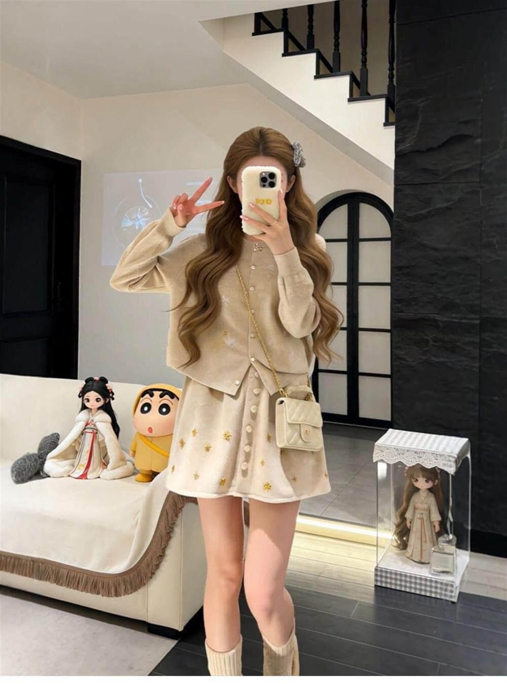 가을 겨울 코디 전체 집합 빅 사이즈 지방 mm 니트 스웨터 오픈 가디건 반신 짧은 치마 작은 샤넬 스타일 세련된 세트 여성 상세 이미지 5