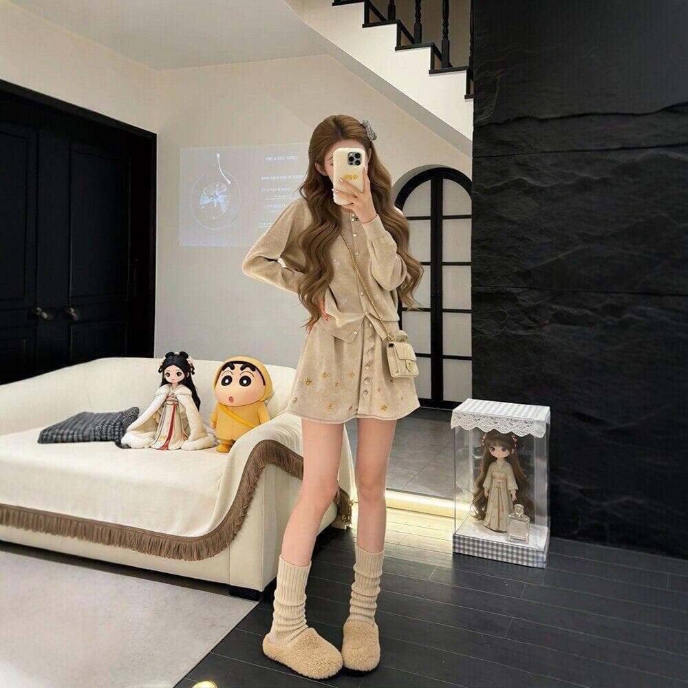 가을 겨울 코디 전체 집합 빅 사이즈 지방 mm 니트 스웨터 오픈 가디건 반신 짧은 치마 작은 샤넬 스타일 세련된 세트 여성 상세 이미지 6