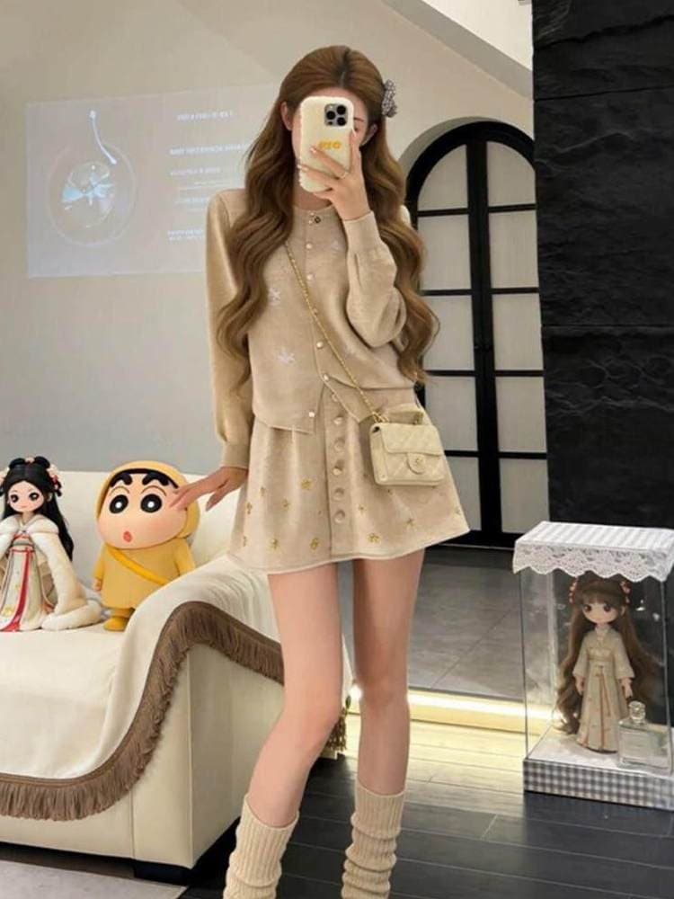 가을 겨울 코디 전체 집합 빅 사이즈 지방 mm 니트 스웨터 오픈 가디건 반신 짧은 치마 작은 샤넬 스타일 세련된 세트 여성 상세 이미지 10