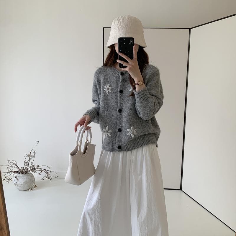 파란색 꽃 스웨터 오픈 가디건 여성 봄 가을 3 차원 자수 달콤함 디자인 센스 작은 키 쇼트 스타일 니트 재킷 상세 이미지 12