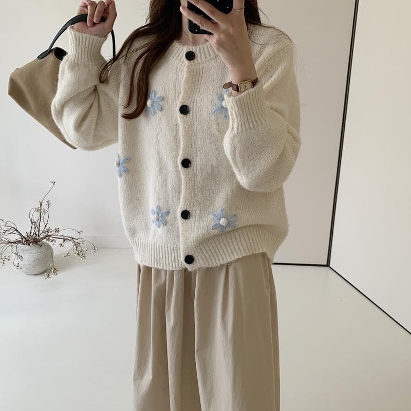 파란색 꽃 스웨터 오픈 가디건 여성 봄 가을 3 차원 자수 달콤함 디자인 센스 작은 키 쇼트 스타일 니트 재킷 상세 이미지 18