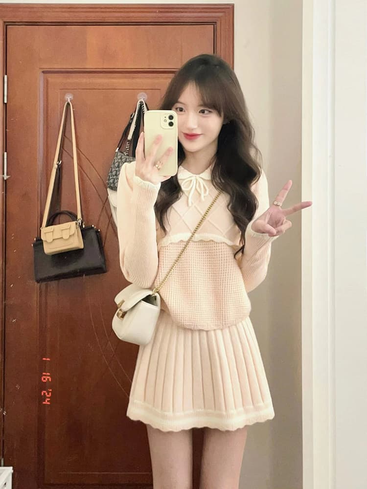 작은 샤넬 스타일 핑크색 달콤함 세트 여성 새로운 가을 겨울철 고급 센스 품격 니트 스웨터 반신 스커트 투피스 세트 이미지 4