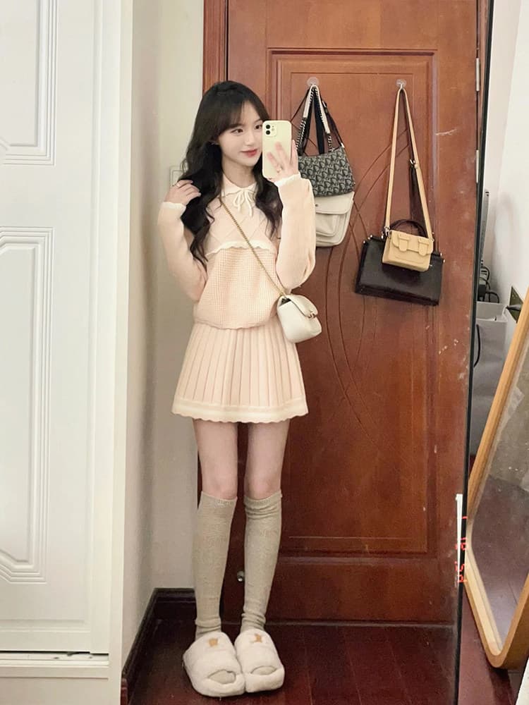작은 샤넬 스타일 핑크색 달콤함 세트 여성 새로운 가을 겨울철 고급 센스 품격 니트 스웨터 반신 스커트 투피스 세트 상세 이미지 3
