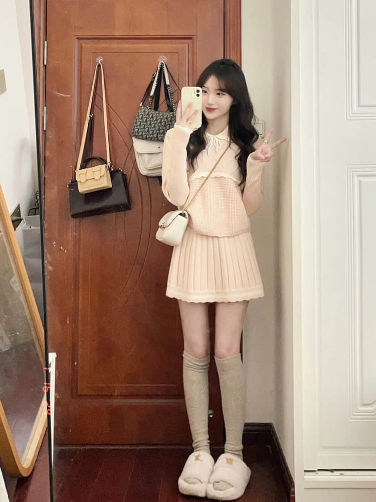 작은 샤넬 스타일 핑크색 달콤함 세트 여성 새로운 가을 겨울철 고급 센스 품격 니트 스웨터 반신 스커트 투피스 세트 상세 이미지 4
