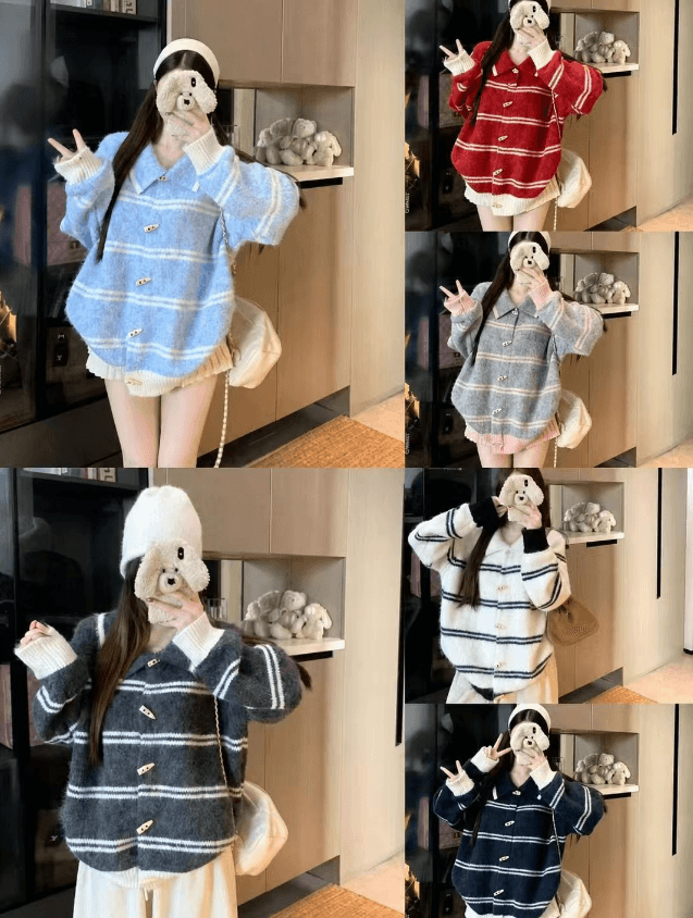 플리스 센스 배색 스트라이프 폴로 칼라 소뿔 버클 니트 오픈 가디건 와이드 부드러운 찹쌀 느긋한 바람 가을 겨울 스웨터 코트 상세 이미지 1