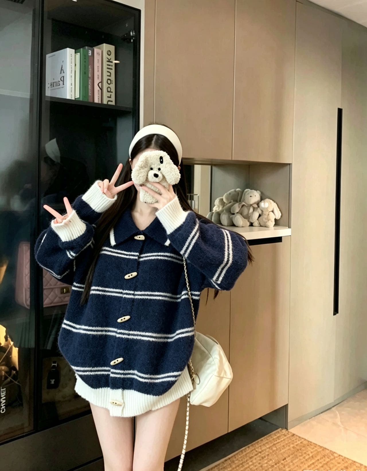 플리스 센스 배색 스트라이프 폴로 칼라 소뿔 버클 니트 오픈 가디건 와이드 부드러운 찹쌀 느긋한 바람 가을 겨울 스웨터 코트 상세 이미지 6