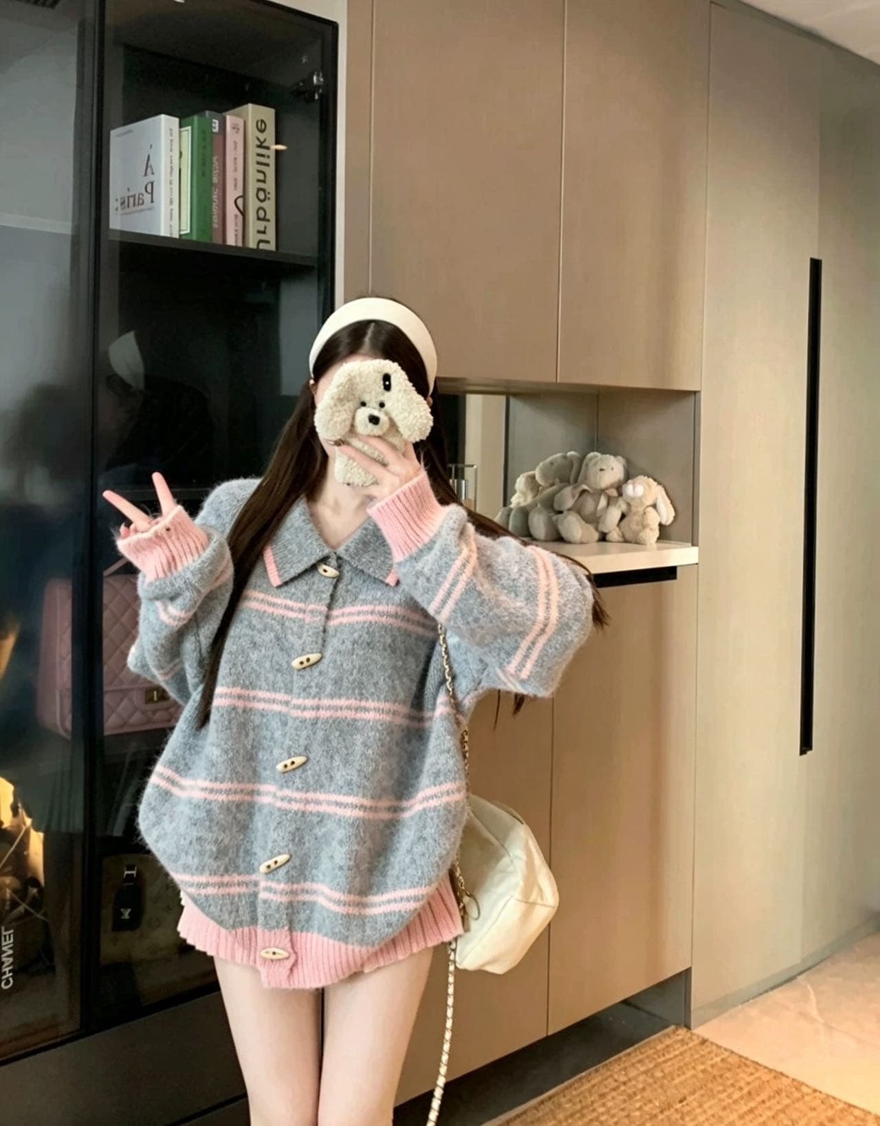 플리스 센스 배색 스트라이프 폴로 칼라 소뿔 버클 니트 오픈 가디건 와이드 부드러운 찹쌀 느긋한 바람 가을 겨울 스웨터 코트 상세 이미지 7