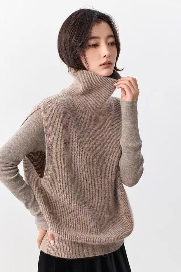 가을 겨울 터틀넥 순양모 조끼 여자 루즈핏 느슨함 센스 스택 착용 스웨터 어깨 니트 스웨터 품격 조끼 상세 이미지 1