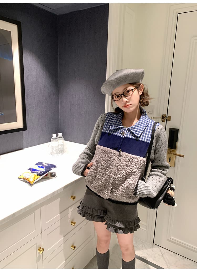 ff blue 소보 무곡 2 색 도트 무늬 양모 레이스 나비 매듭 스웨터 느긋한 디자인 센스 다용도 맨위 상세 이미지 13