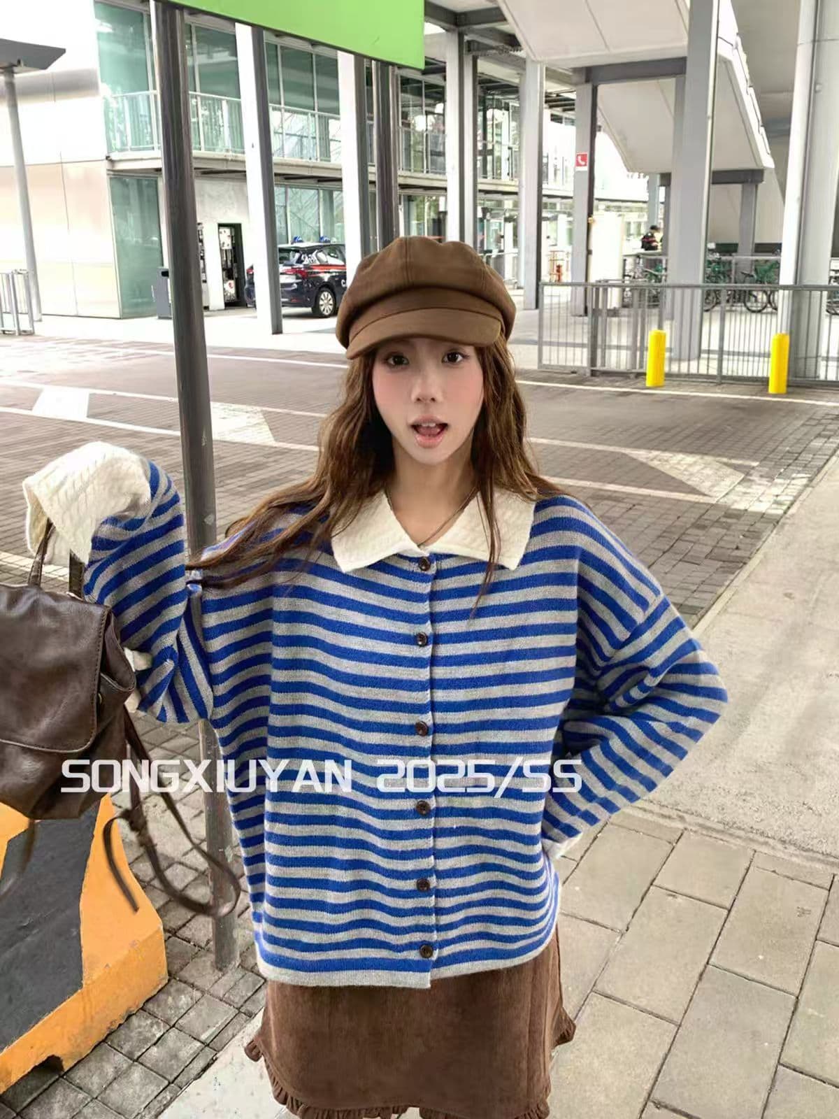 작은 샤넬 스타일 스트라이프 POLO 칼라 긴팔 스웨터 니트 스웨터 여성 조기 가을 느긋한 느슨함 센스 착용 가져 가라. 재킷 맨위 상세 이미지 1
