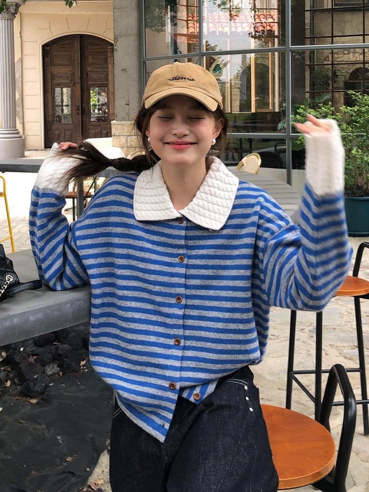 작은 샤넬 스타일 스트라이프 POLO 칼라 긴팔 스웨터 니트 스웨터 여성 조기 가을 느긋한 느슨함 센스 착용 가져 가라. 재킷 맨위 상세 이미지 2
